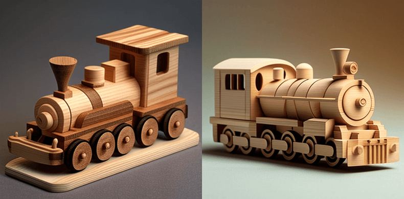 Two wooden toy locomotives built from plans