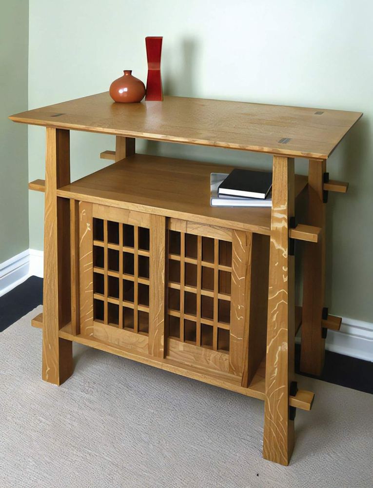 Kitchen island with a wine-bottle lattice and open shelf
