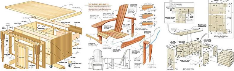 Sample woodworking schematics showing dimensioned drawings and exploded views