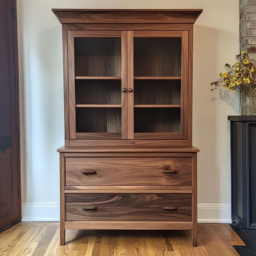 Walnut display hutch with glass doors built from a woodworking plan