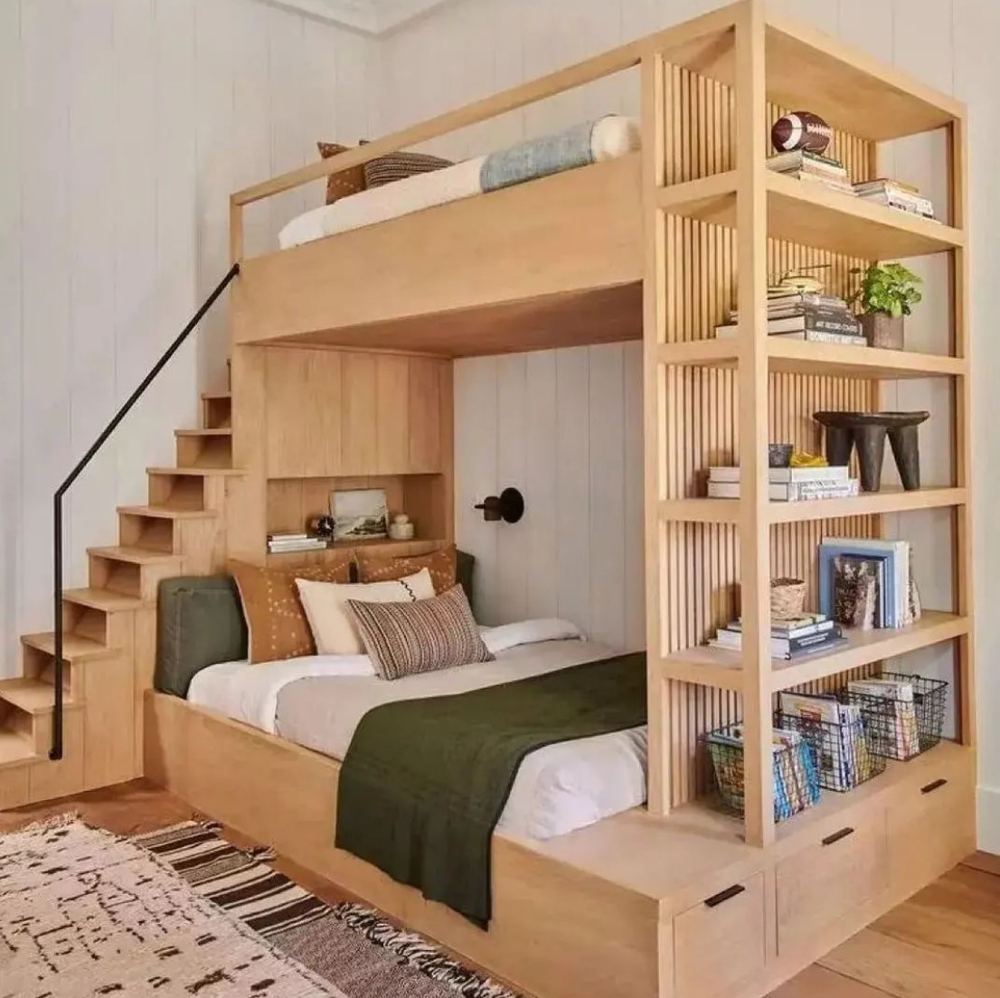 Built-in bunk bed with staircase drawers and open shelving