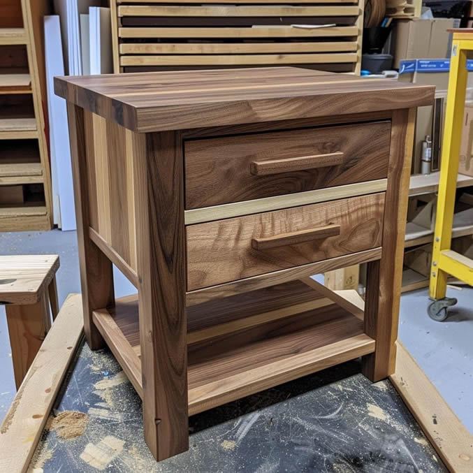 Walnut bedside table with two drawers